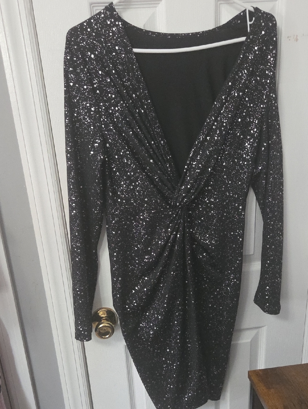 SHEIN Black Sparkle Twist-Front Long Sleeve Dress